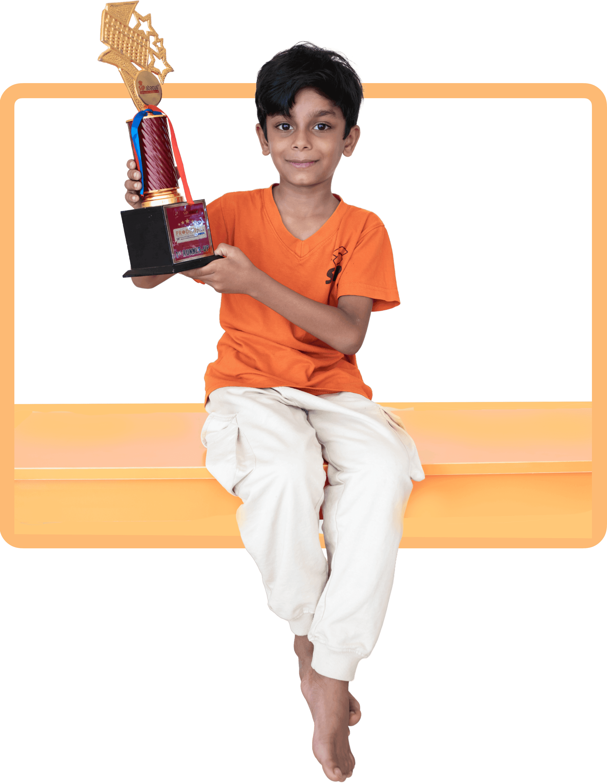 Illustration: a student on stage holding a trophy at a competition